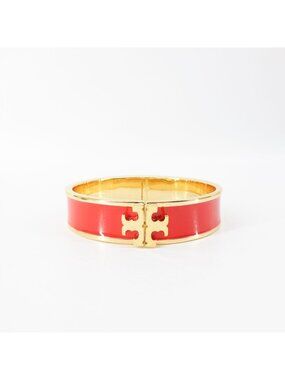 Tory Burch Enameled Kira Logo Hinged Bracelet Gold/ Red OS